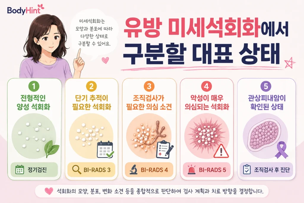 전형적인 양성 석회화, 단기 추적이 필요한 석회화, 조직검사가 필요한 의심 소견, 악성이 매우 의심되는 석회화, 관상피내암이 확인된 상태를 비교한 이미지