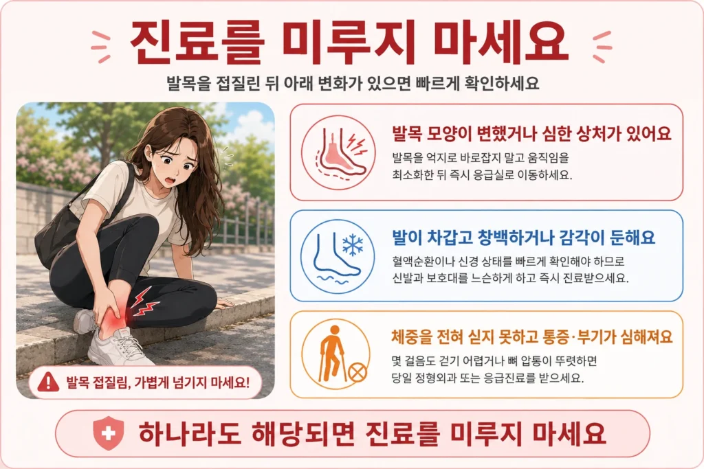 발목을 접질린 뒤 발목 모양이 변했거나 심한 상처가 있는 경우, 발이 차갑고 창백하거나 감각이 둔한 경우, 체중을 전혀 싣지 못하고 통증과 부기가 심해지는 경우 진료를 미루지 말아야 한다는 건강정보 이미지