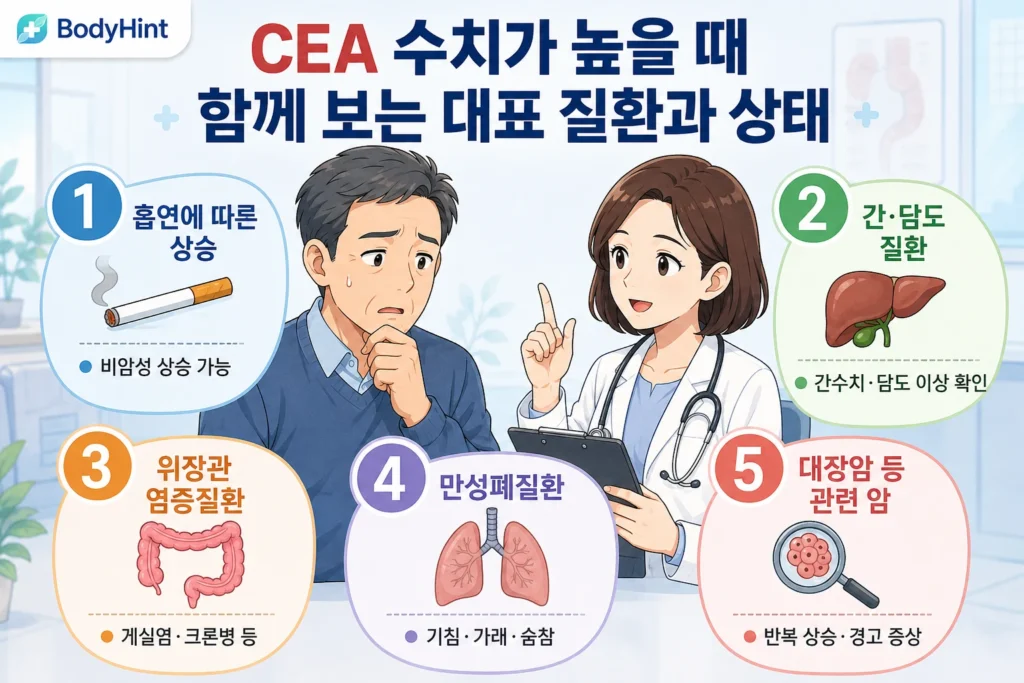 CEA 수치가 높을 때 함께 확인하는 흡연 관련 상승, 간·담도질환, 위장관 염증질환, 만성폐질환, 대장암 등 관련 암