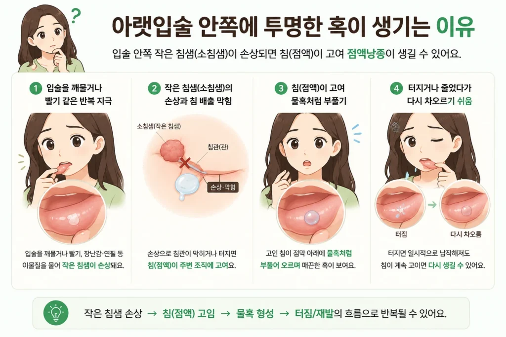 입술을 깨물거나 빠는 반복 자극으로 작은 침샘관이 손상되고, 침이 주변 조직에 고여 투명한 물혹이 생겼다가 터진 뒤 다시 차오를 수 있는 과정을 대표캐릭터로 설명한 이미지