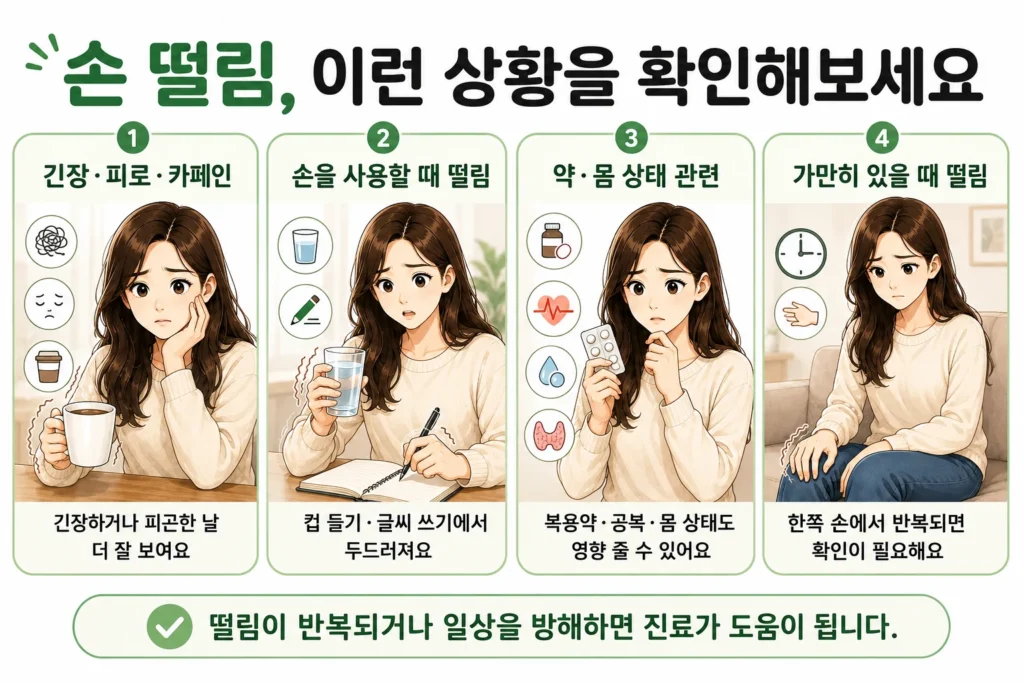 긴장·피로·카페인으로 두드러지는 손 떨림, 손을 사용할 때 나타나는 떨림, 복용약·공복·갑상선 등 몸 상태와 관련된 떨림, 가만히 있을 때 한쪽 손에서 반복되는 떨림을 대표 여성 캐릭터로 보여주는 이미지