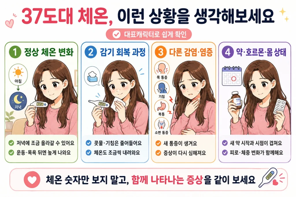 정상적인 체온 변화, 감기 회복 과정, 다른 감염이나 염증, 약·호르몬·몸 상태와 관련된 37도대 체온 변화를 대표 여성 캐릭터로 보여주는 이미지