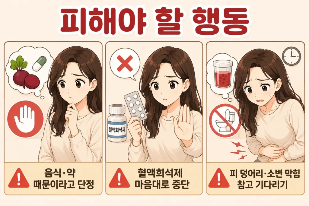 붉은 소변이 보일 때 음식이나 약 때문이라고 단정하지 않고 혈액희석제를 임의로 중단하지 않으며 피 덩어리와 소변 막힘을 참고 기다리지 말아야 함을 보여주는 3컷 이미지