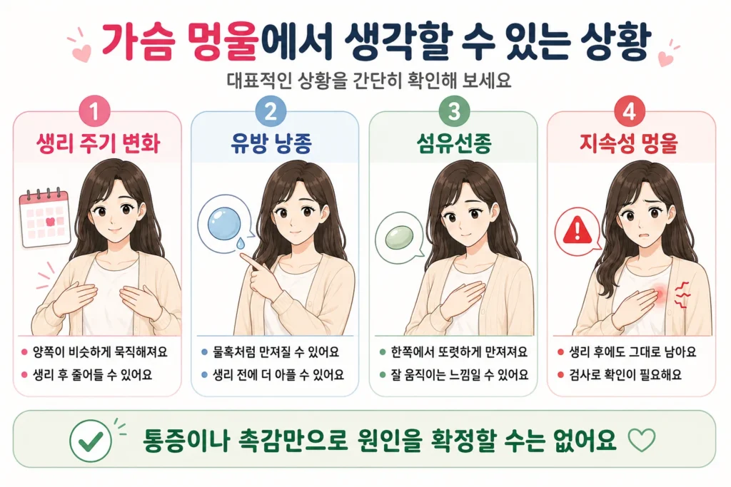 생리 주기 변화, 유방 낭종, 섬유선종, 생리 후에도 남는 지속성 멍울을 대표 여성 캐릭터로 간단하게 비교한 이미지