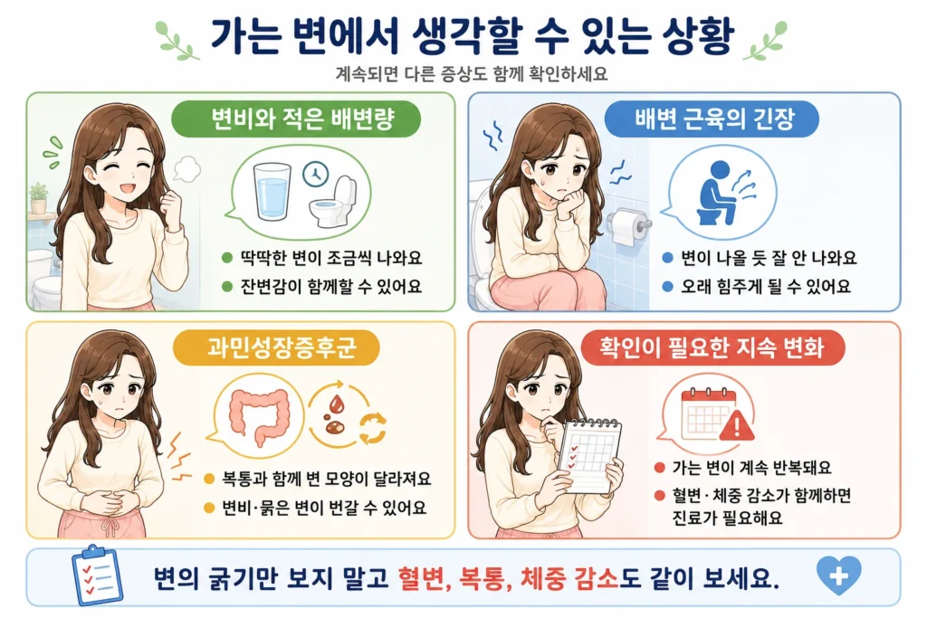 변비와 적은 배변량, 배변 근육의 긴장, 과민성장증후군, 혈변·복통·체중 감소가 함께 나타나는 지속적인 가는 변을 대표 여성 캐릭터로 비교한 이미지
