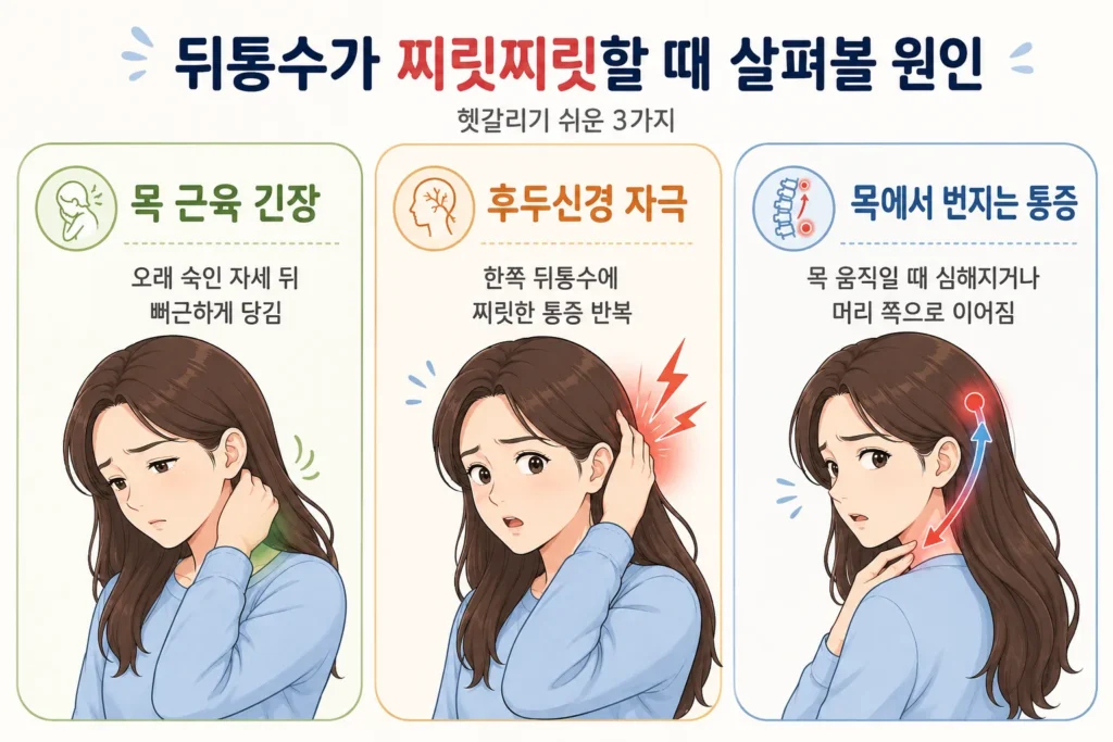 뒤통수가 찌릿찌릿할 때 목 근육 긴장, 후두신경 자극, 목에서 번지는 통증의 세 가지 원인을 여성 캐릭터로 설명한 이미지