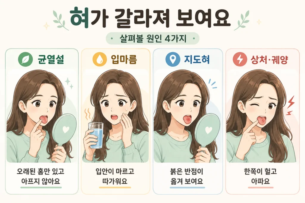 혀가 갈라져 보일 때 균열설, 입마름, 지도혀, 혀의 상처와 궤양 네 가지 원인을 여성 캐릭터로 설명한 이미지
