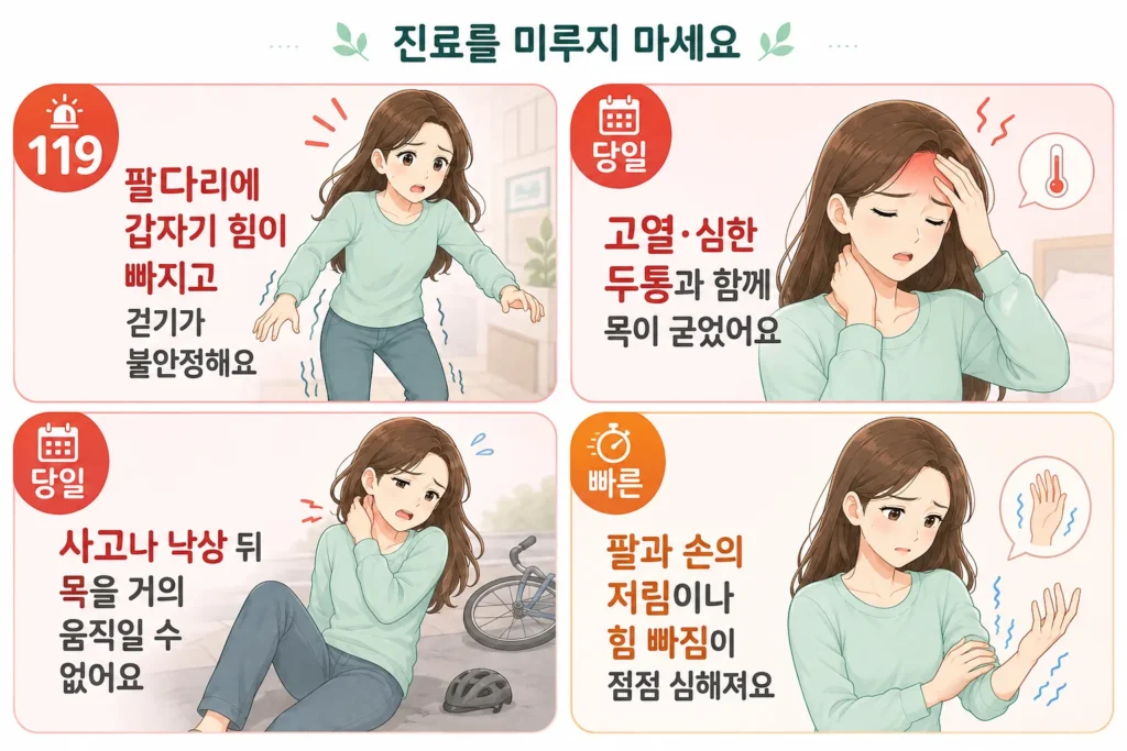 목이 뻣뻣할 때 팔다리 힘 빠짐과 보행 불안정, 고열·심한 두통, 사고나 낙상 뒤 심한 목 통증, 팔과 손의 저림·힘 빠짐 악화로 진료를 미루지 말아야 하는 상황을 여성 캐릭터로 설명한 이미지