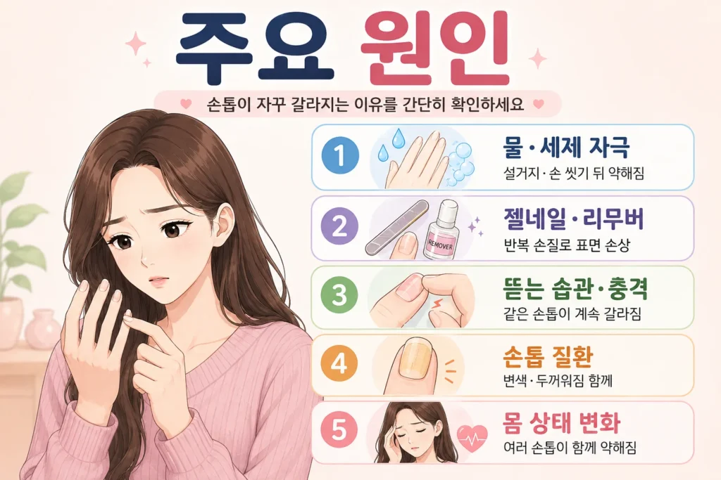 갈라지는 손톱을 살펴보는 긴 갈색 머리 여성과 물·세제 자극, 젤네일·리무버, 뜯는 습관·충격, 손톱 질환, 몸 상태 변화를 보여주는 주요 원인 안내
