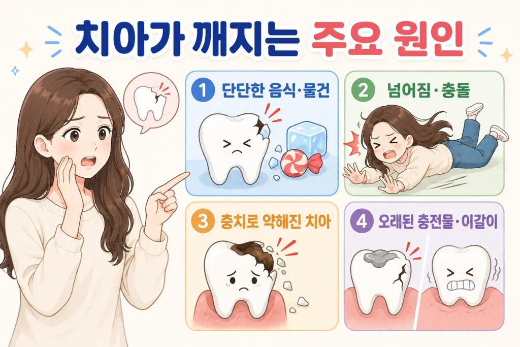 긴 갈색 머리 여성이 깨진 치아를 걱정하며 가리키는 모습과 단단한 음식·넘어짐·충치·오래된 충전물과 이갈이를 보여주는 주요 원인 안내