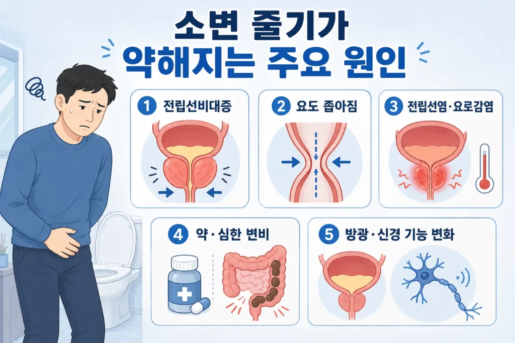 짧은 검은 머리 남성이 소변 줄기 약화를 걱정하는 모습과 전립선비대증, 요도 좁아짐, 전립선염·요로감염, 약·심한 변비, 방광·신경 기능 변화를 보여주는 주요 원인 안내