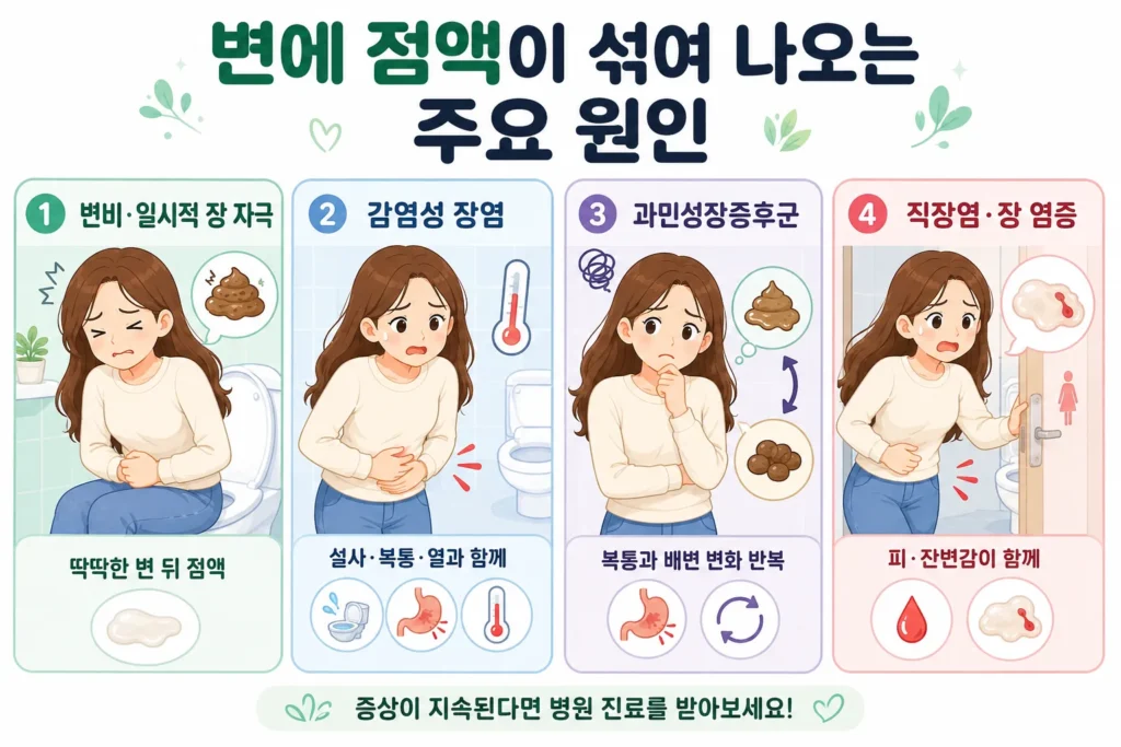 긴 갈색 머리 여성이 변비·일시적 장 자극, 감염성 장염, 과민성장증후군, 직장염·장 염증으로 변에 점액이 섞이는 주요 원인을 확인하는 모습