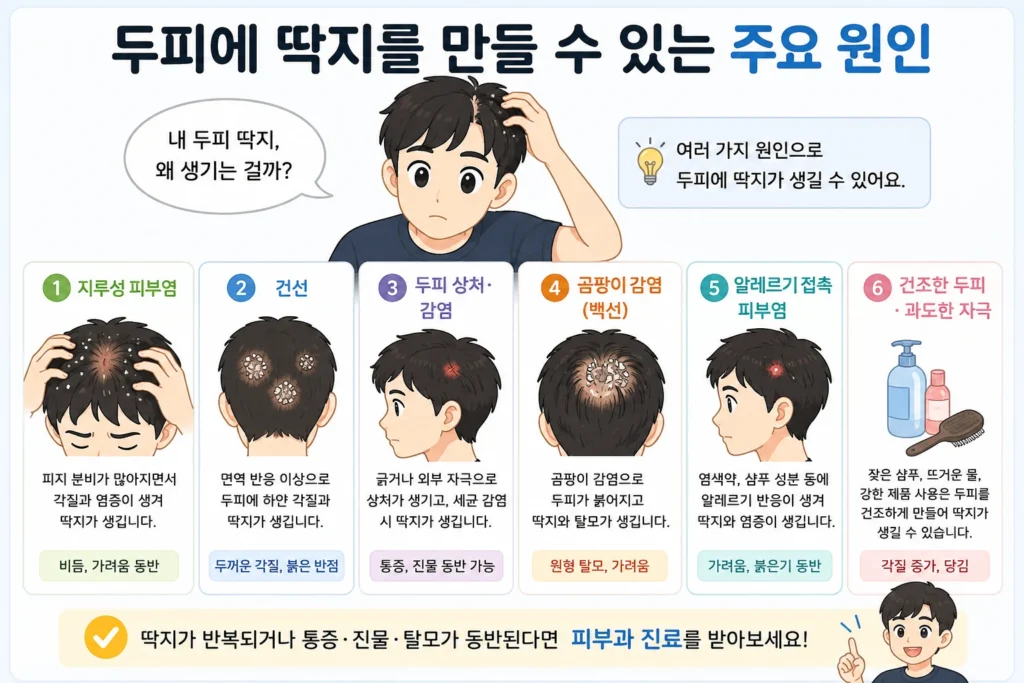 짧은 검은 머리의 남성과 함께 지루성 피부염, 두피 건선, 상처와 감염, 곰팡이 감염, 알레르기 접촉피부염, 건조하고 자극받은 두피가 딱지를 만들 수 있는 주요 원인으로 정리된 안내 이미지