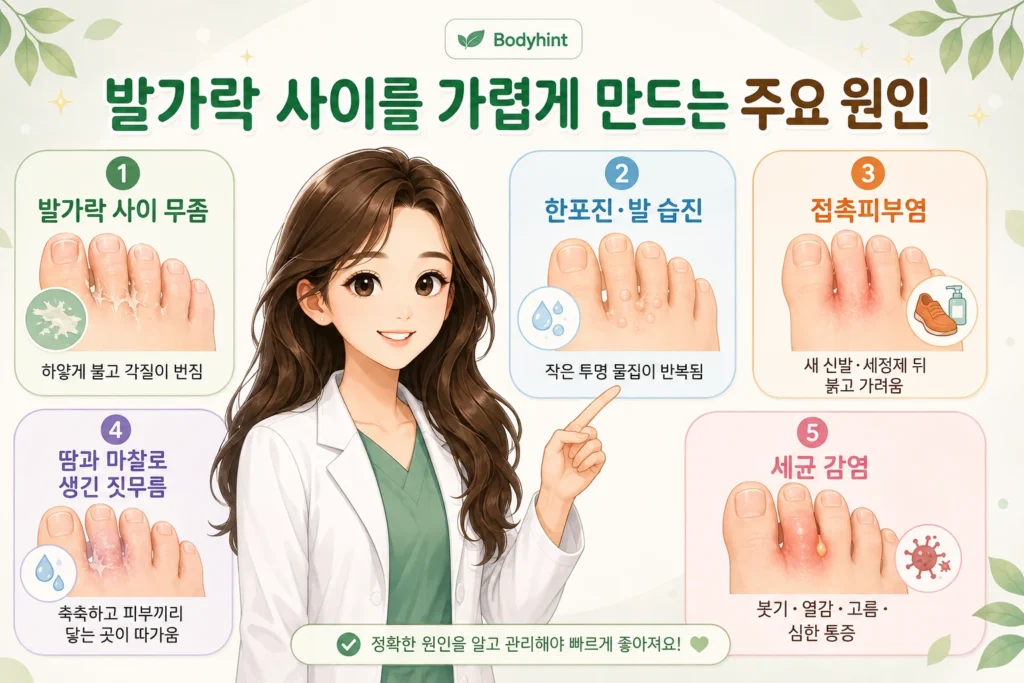 긴 갈색 머리의 여성 대표캐릭터와 함께 발가락 사이 무좀, 한포진·발 습진, 접촉피부염, 땀과 마찰로 생긴 짓무름, 세균 감염의 특징을 간단히 비교한 안내 이미지