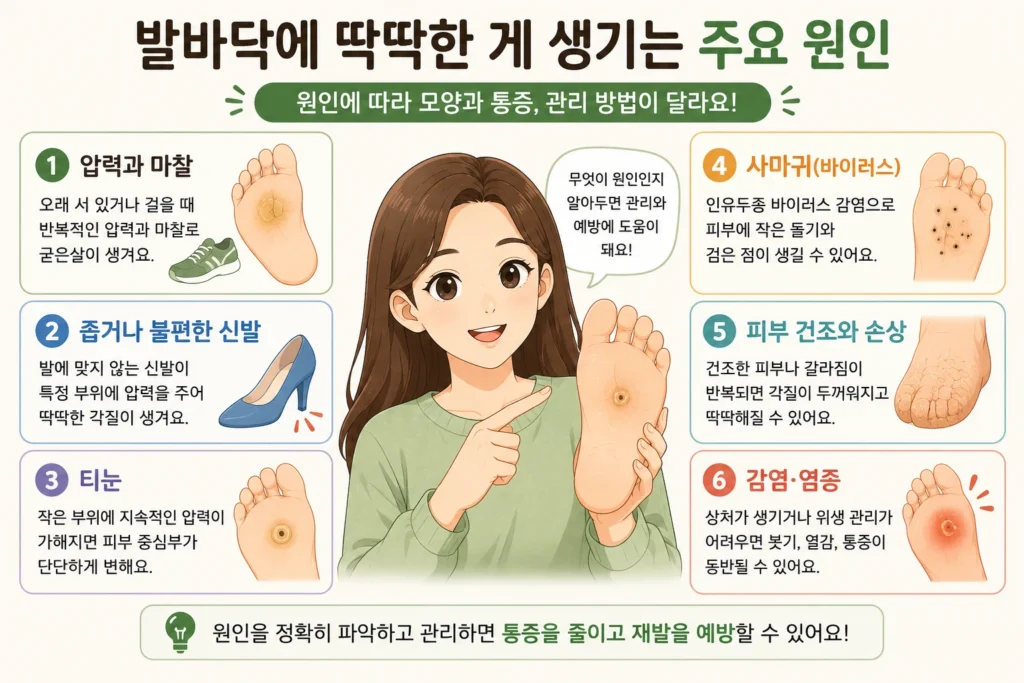 긴 갈색 머리의 여성 대표캐릭터와 함께 압력과 마찰, 불편한 신발, 티눈, 발바닥 사마귀, 피부 건조와 손상, 감염·염증이 발바닥에 딱딱한 병변을 만들 수 있는 주요 원인으로 정리된 안내 이미지