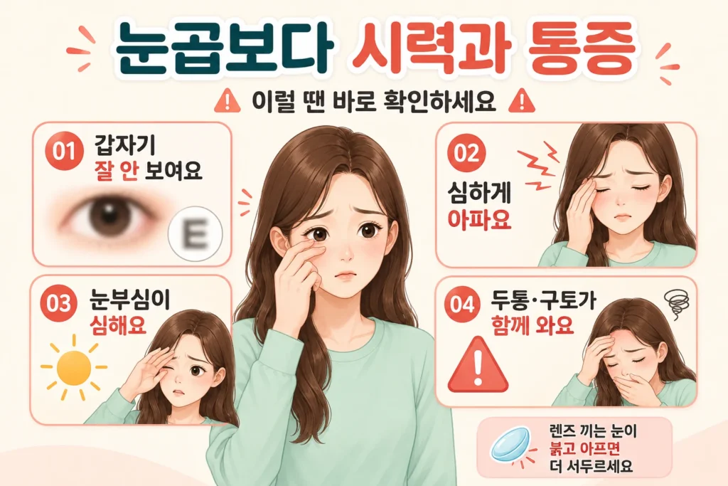 긴 갈색 머리의 여성이 눈곱과 함께 갑작스러운 시야 저하, 심한 눈 통증, 눈부심, 두통·구토가 나타날 때 바로 확인해야 하는 신호를 보여주는 안내 이미지
