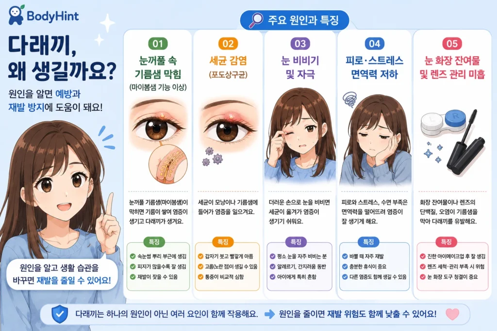 긴 갈색 머리의 20대 여성 대표캐릭터가 다래끼가 생기는 주요 원인을 가리키며 눈꺼풀 기름샘 막힘, 세균 감염, 눈 비비기와 자극, 피로·스트레스, 눈화장·렌즈 위생 문제를 카드형으로 보여주는 안내 이미지