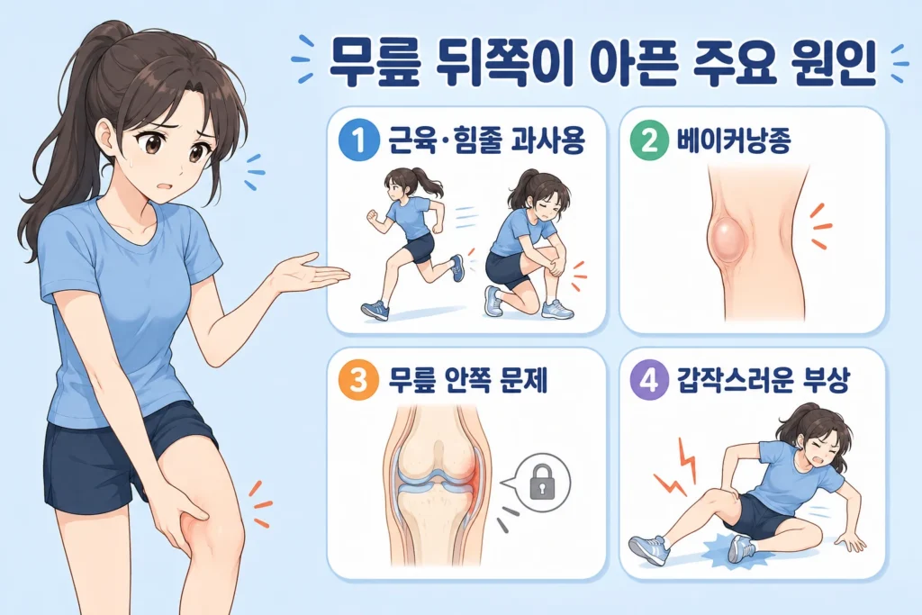 긴 갈색 머리의 20대 여성 대표캐릭터가 무릎 뒤쪽 통증의 주요 원인으로 근육·힘줄 과사용, 베이커낭종, 무릎 관절 안쪽 문제, 갑작스러운 부상을 4개 카드로 가리키는 안내 이미지