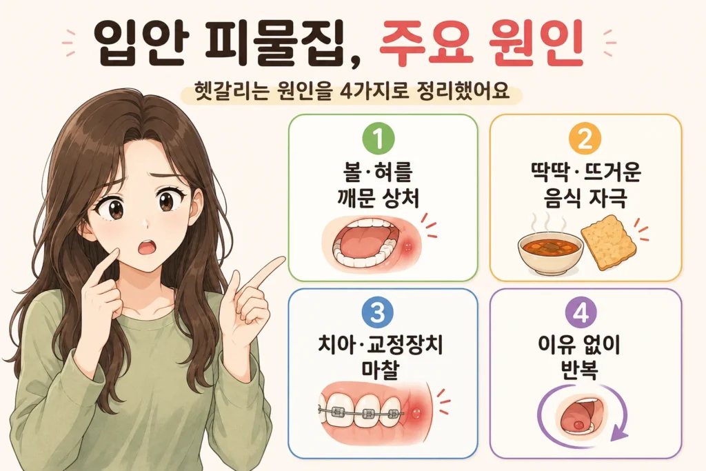 입안 피물집의 주요 원인인 볼이나 혀를 깨문 상처, 딱딱하거나 뜨거운 음식 자극, 치아·교정장치 마찰, 이유 없이 반복되는 경우를 대표캐릭터와 함께 정리한 이미지