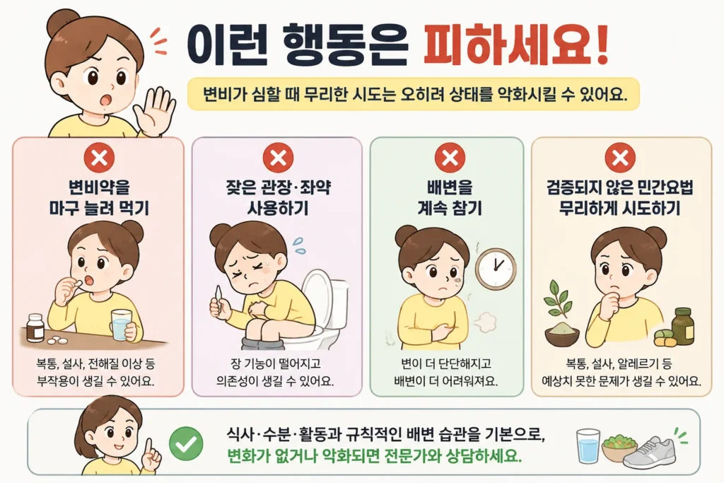변비가 심할 때 변비약을 반복 복용하거나 관장·좌약을 자주 사용하고 배변을 계속 참거나 검증되지 않은 민간요법을 무리하게 시도하지 말아야 함을 보여주는 대표 여성 캐릭터 안내 이미지