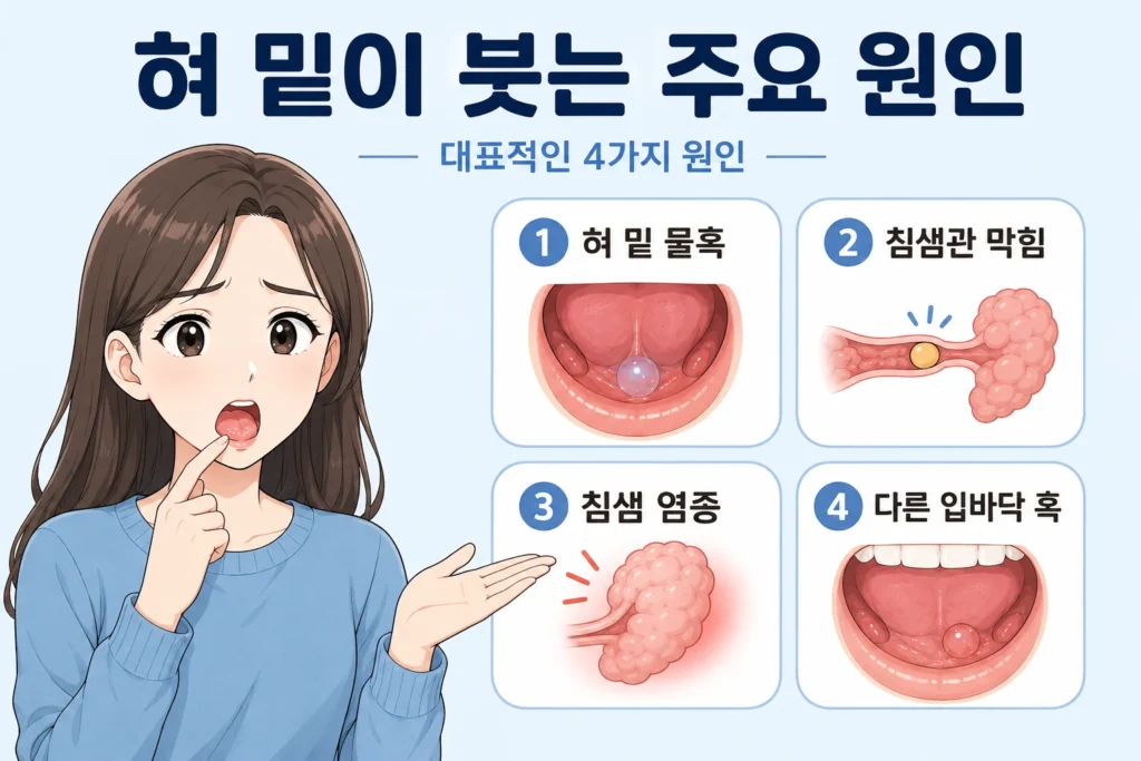 혀 밑이 붓는 주요 원인인 혀 밑 물혹, 침샘관 막힘, 침샘 염증, 다른 입바닥 혹을 대표캐릭터와 함께 간단하게 정리한 이미지
