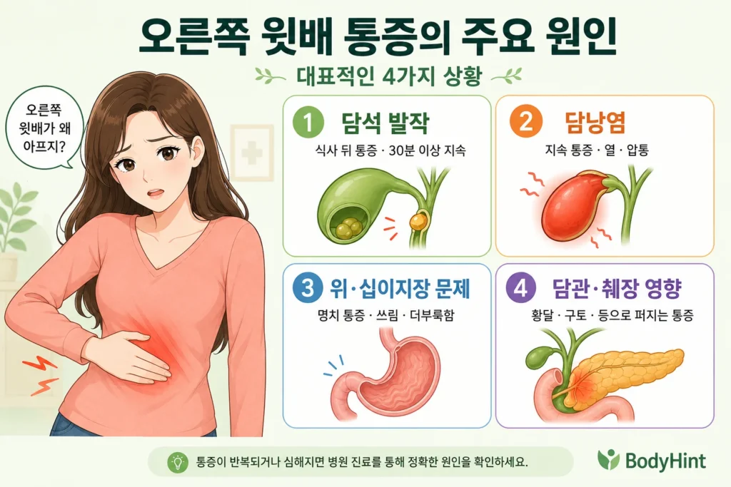 오른쪽 윗배 통증의 주요 원인을 담석 발작, 담낭염, 위·십이지장 문제, 담관·췌장 영향으로 나누어 여성 대표캐릭터와 함께 정리한 이미지