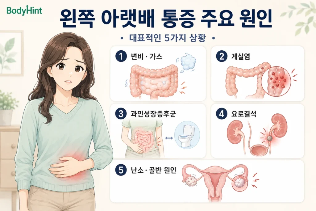 왼쪽 아랫배 통증의 주요 원인을 변비·가스, 게실염, 과민성장증후군, 요로결석, 난소·골반 원인으로 나누어 여성 대표캐릭터와 함께 정리한 이미지