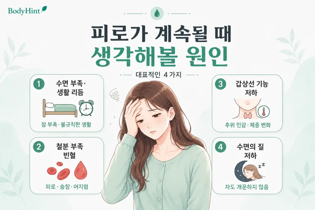 피로가 계속될 때 생각해볼 수면 부족·생활 리듬, 철분 부족 빈혈, 갑상선 기능 저하, 수면의 질 저하를 여성 대표캐릭터와 4개 원인 카드로 보여주는 이미지