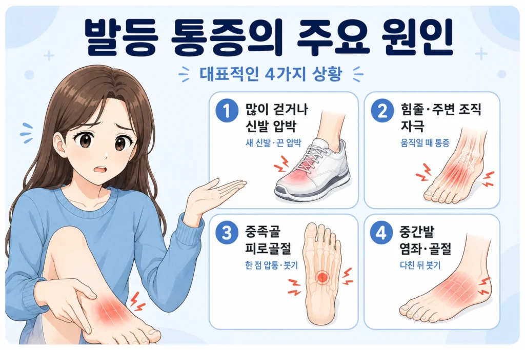 발등 통증의 주요 원인인 신발 압박·과사용, 힘줄·주변 조직 자극, 중족골 피로골절, 중간발 염좌·골절을 여성 대표캐릭터와 4개 카드로 보여주는 이미지