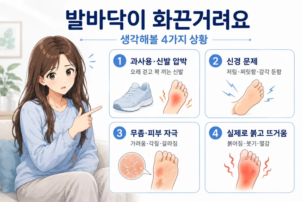 발바닥이 화끈거릴 때 과사용·신발 압박, 신경 문제, 무좀·피부 자극, 실제로 붉고 뜨거워지는 경우를 여성 대표캐릭터와 4개 카드로 보여주는 이미지