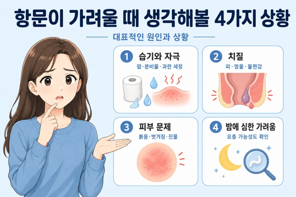 항문이 가려울 때 생각해볼 습기와 자극, 치질, 피부 문제, 밤에 심한 요충 가능성을 여성 대표캐릭터와 4개 카드로 보여주는 이미지