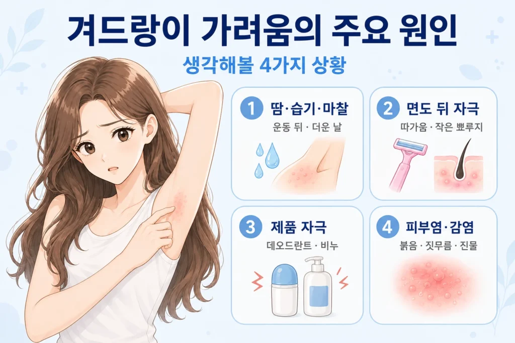 겨드랑이가 가려울 때 생각해볼 땀·습기·마찰, 면도 뒤 자극, 데오드란트·비누 같은 제품 자극, 피부염·감염을 여성 대표캐릭터와 4개 카드로 보여주는 이미지