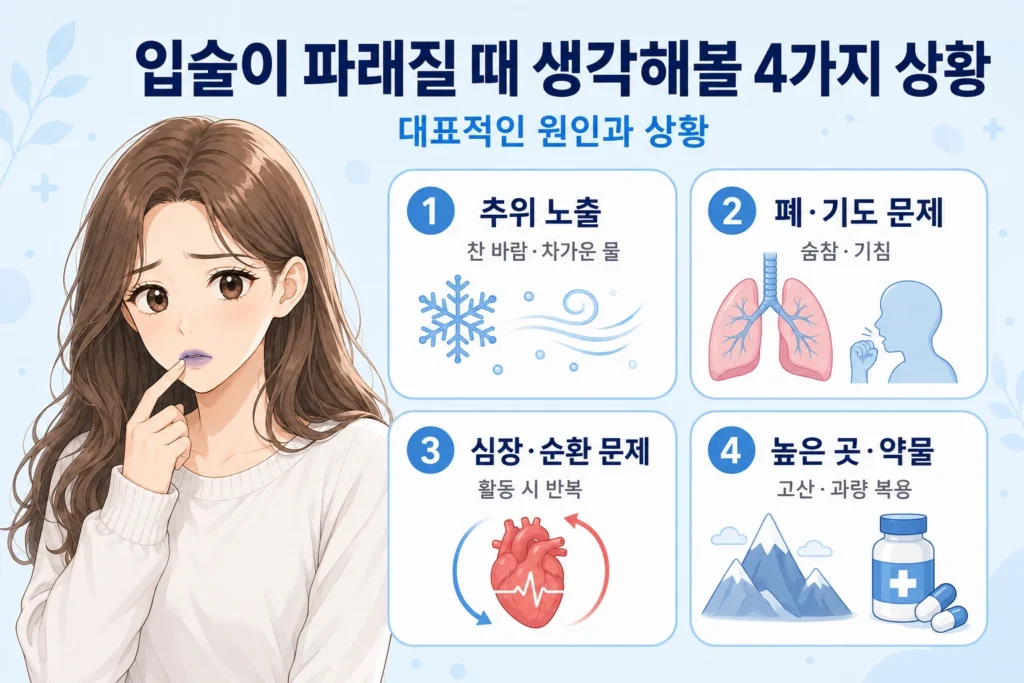 입술이 파래질 때 생각해볼 추위 노출, 폐·기도 문제, 심장·혈액순환 문제, 높은 곳·약물 영향을 여성 대표캐릭터와 4개 카드로 보여주는 이미지