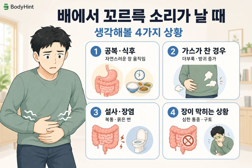 배에서 꼬르륵 소리가 날 때 공복·식후의 자연스러운 장 움직임, 가스가 찬 경우, 설사·장염, 장이 막히는 상황을 남성 대표캐릭터와 4개 카드로 보여주는 원인과 상황 이미지