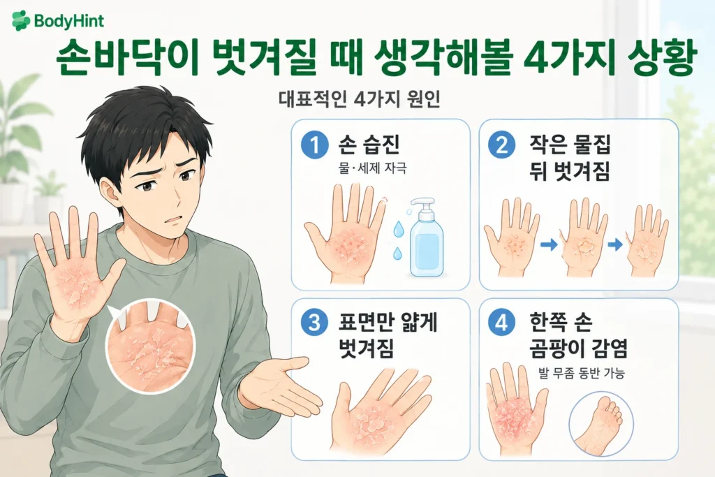 손바닥이 벗겨질 때 손 습진, 작은 물집 뒤 벗겨짐, 손바닥 표면의 반복적인 각질 벗겨짐, 한쪽 손의 곰팡이 감염 가능성을 일본 애니풍 남성 대표캐릭터와 4개 카드로 보여주는 원인과 상황 이미지