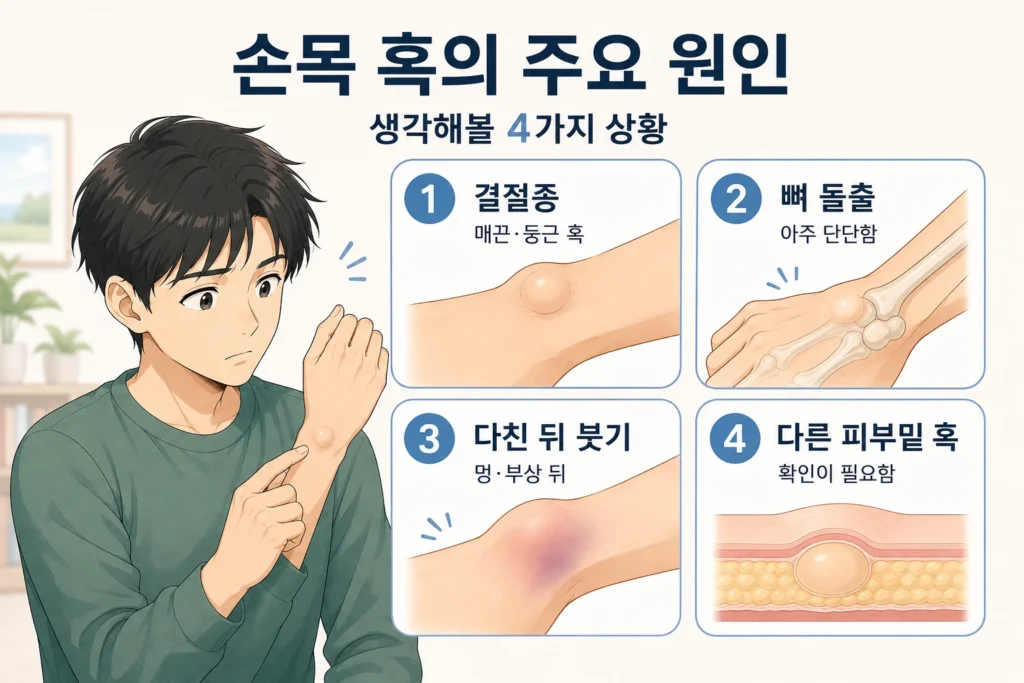 손목에 혹이 생겼을 때 결절종, 뼈 돌출, 다친 뒤 생긴 붓기, 다른 피부밑 혹 가능성을 일본 애니풍 남성 대표캐릭터와 4개 카드로 보여주는 원인과 상황 이미지