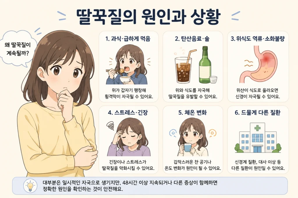 딸꾹질이 계속될 때 과식·급한 식사, 탄산음료·술, 위산 역류·소화불량, 스트레스·긴장, 갑작스러운 온도 변화, 드물게 다른 질환 가능성을 일본 애니풍 여성 대표캐릭터와 카드로 보여주는 원인과 상황 이미지