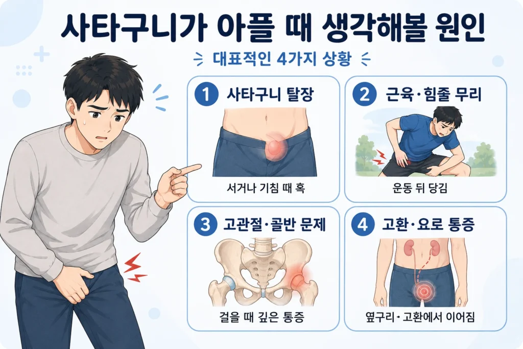 사타구니가 아플 때 생각해볼 사타구니 탈장, 근육·힘줄 무리, 고관절·골반 문제, 고환·요로에서 이어지는 통증을 일본 애니풍 남성 대표캐릭터와 4개 카드로 보여주는 원인과 상황 이미지