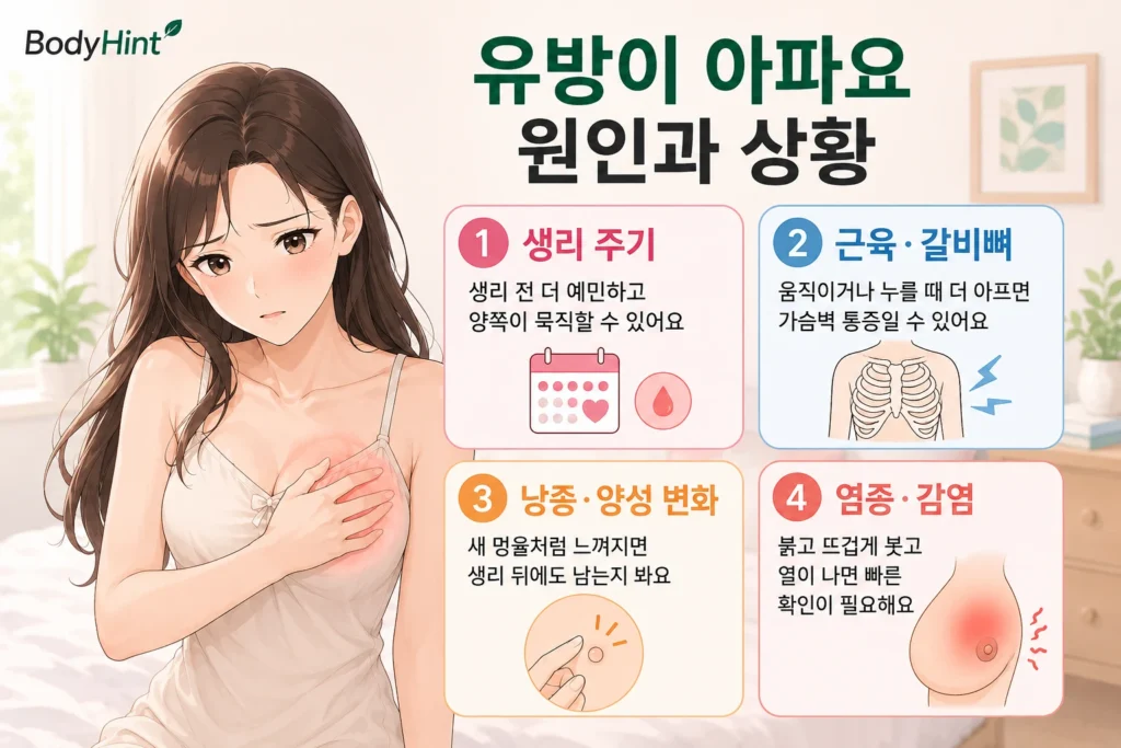 유방 통증의 주요 원인인 생리 주기 변화, 근육·갈비뼈 통증, 낭종·양성 변화, 염증·감염을 일본풍 애니 여성 대표캐릭터와 4개 카드로 정리한 이미지