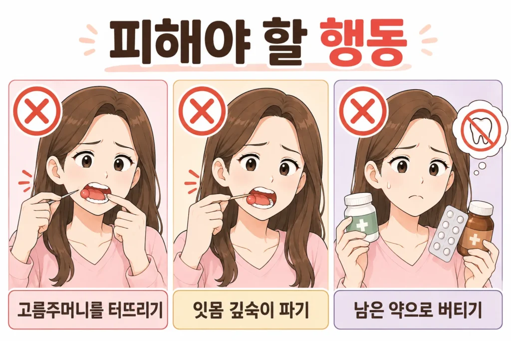 잇몸 고름주머니를 직접 터뜨리거나 날카로운 도구로 잇몸 깊숙이 파고 남은 항생제와 진통제로 치과 치료를 미루지 말아야 함을 대표 여성 캐릭터로 보여주는 3컷 이미지