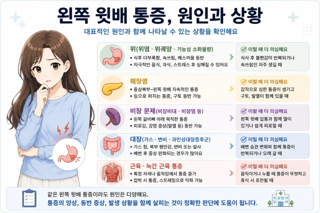왼쪽 윗배 통증의 주요 원인인 위·소화 문제, 췌장 문제, 비장 문제, 장내 가스와 배변 변화, 근육·갈비뼈 주변 통증을 일본풍 애니 여성 대표캐릭터와 함께 정리한 이미지