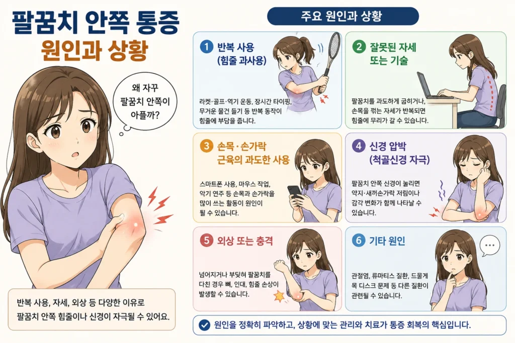 팔꿈치 안쪽 통증의 주요 원인인 반복 사용과 힘줄 과사용, 잘못된 자세, 손목·손가락의 과도한 사용, 척골신경 압박, 외상이나 충격, 다른 질환 가능성을 일본풍 애니 여성 대표캐릭터와 함께 정리한 이미지