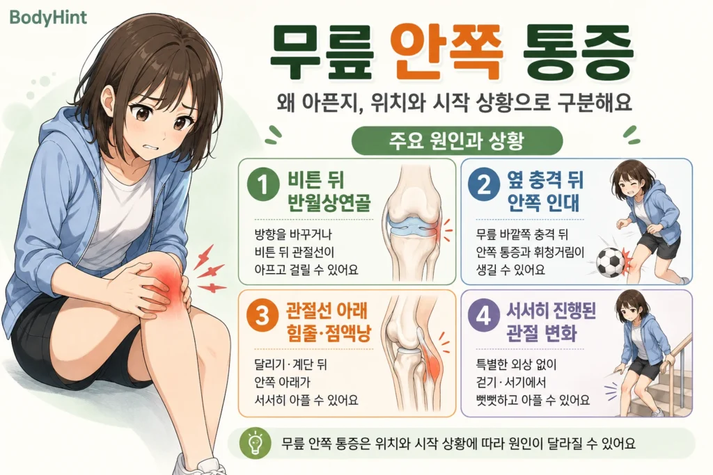 무릎 안쪽 통증의 주요 원인인 반월상연골 손상, 안쪽 인대 손상, 관절선 아래 힘줄·점액낭 통증, 서서히 진행된 관절 변화를 일본풍 애니 여성 대표캐릭터와 4개 카드로 정리한 이미지