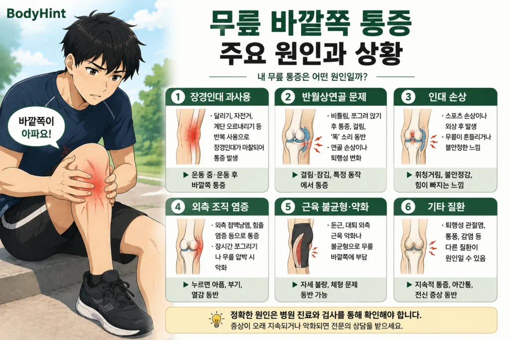 무릎 바깥쪽 통증의 주요 원인인 장경인대 과사용, 반월상연골 문제, 인대 손상, 바깥쪽 조직 염증, 근육 불균형과 약화, 기타 관절 질환을 일본풍 애니 남성 대표캐릭터와 함께 정리한 이미지