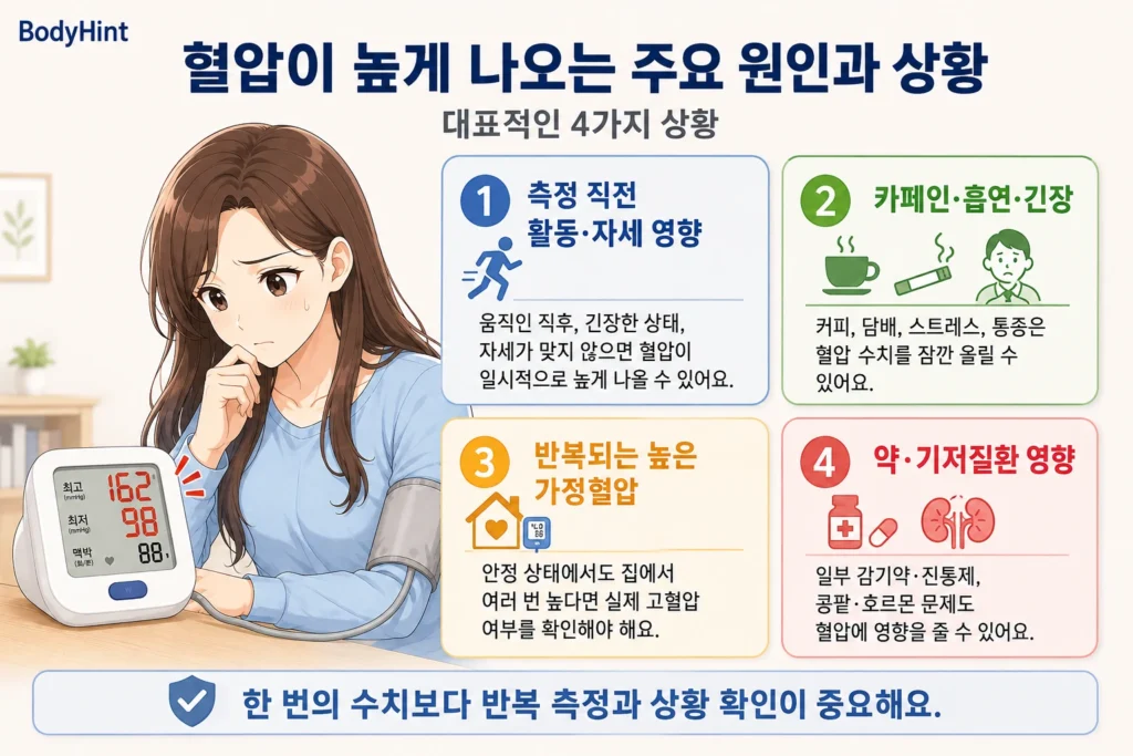 혈압이 높게 나오는 주요 상황인 측정 직전 활동과 자세, 카페인·흡연·긴장, 반복되는 높은 가정혈압, 약과 기저질환의 영향을 일본풍 애니 여성 대표캐릭터와 4개 카드로 정리한 이미지