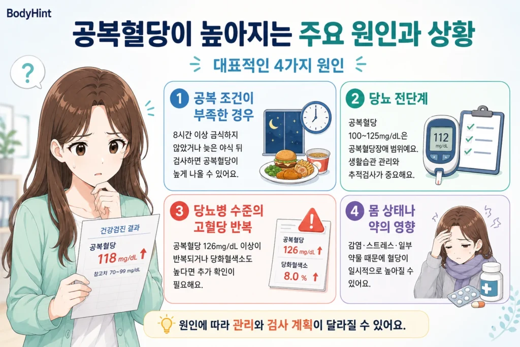 공복혈당이 높아지는 주요 상황인 충분하지 않은 공복 상태, 당뇨 전단계, 당뇨병 수준의 고혈당 반복, 감염·스트레스·일부 약물의 영향을 일본풍 애니 여성 대표캐릭터와 4개 카드로 정리한 이미지