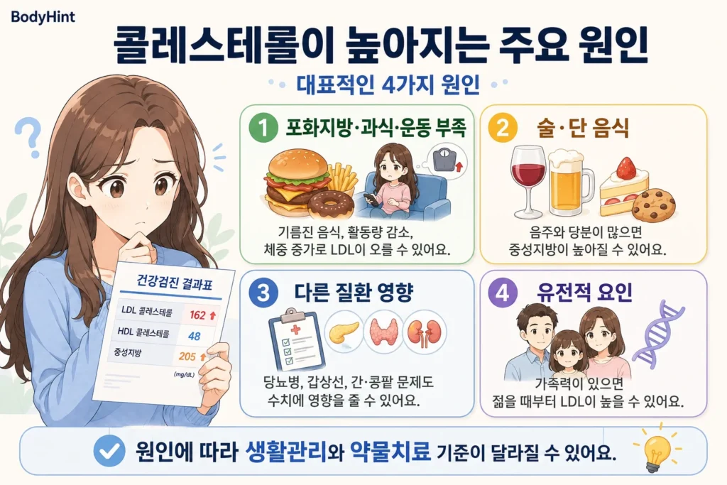 콜레스테롤이 높아지는 주요 원인인 포화지방·과식·운동 부족, 술과 단 음식, 당뇨병·갑상선·간·콩팥 질환, 유전적 요인을 일본풍 애니 여성 대표캐릭터와 4개 카드로 정리한 이미지