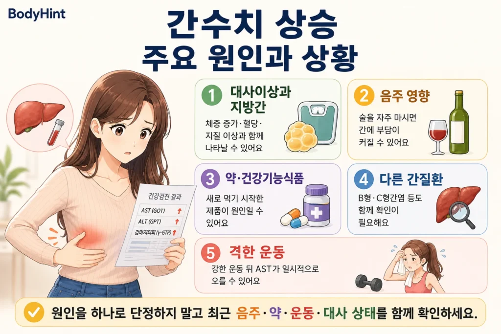 간수치 상승의 주요 원인으로 대사이상과 지방간, 음주, 약·건강기능식품, B형·C형간염 등 다른 간질환, 격한 운동의 영향을 일본풍 애니 여성 대표캐릭터와 함께 간단하게 정리한 이미지