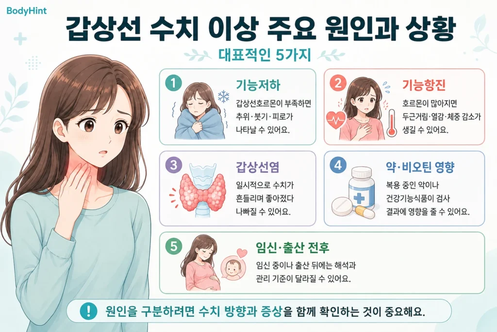 갑상선 수치 이상이 기능저하·기능항진·갑상선염·약이나 비오틴 영향·임신과 출산 전후 같은 상황에서 나타날 수 있다는 내용을 일본풍 애니 여성 대표캐릭터와 함께 간단하게 정리한 이미지