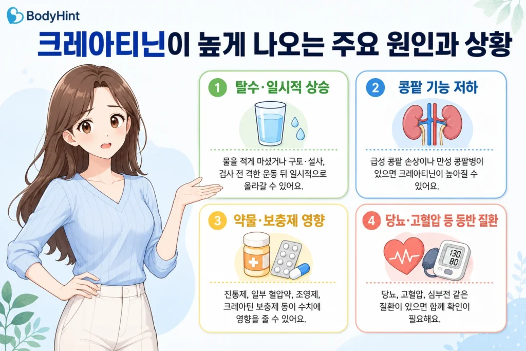 크레아티닌이 높게 나오는 주요 원인과 상황을 탈수, 콩팥 기능 저하, 약물과 보충제 영향, 당뇨와 고혈압 같은 동반 질환으로 정리한 이미지